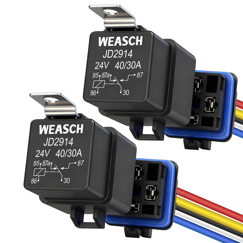 Weasch 2 Pack 24V 40/30A 5-Pin SPDT Waterproof Relay and 14AWG Harness Kit