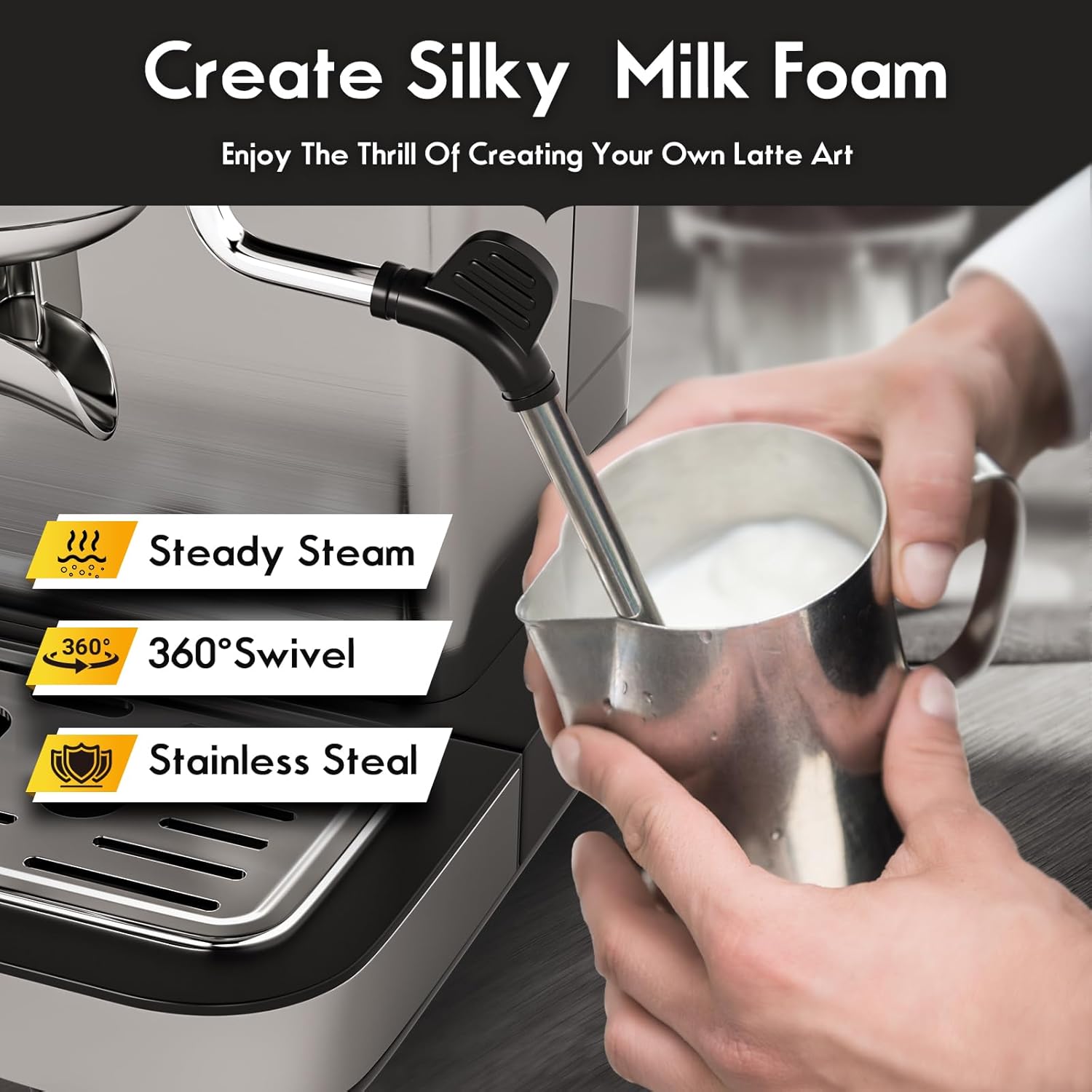 Espresso Machine with Grinder, 20 Bar Professional Coffee Machine, All-in-One Stainless Steel Coffee Maker with Milk