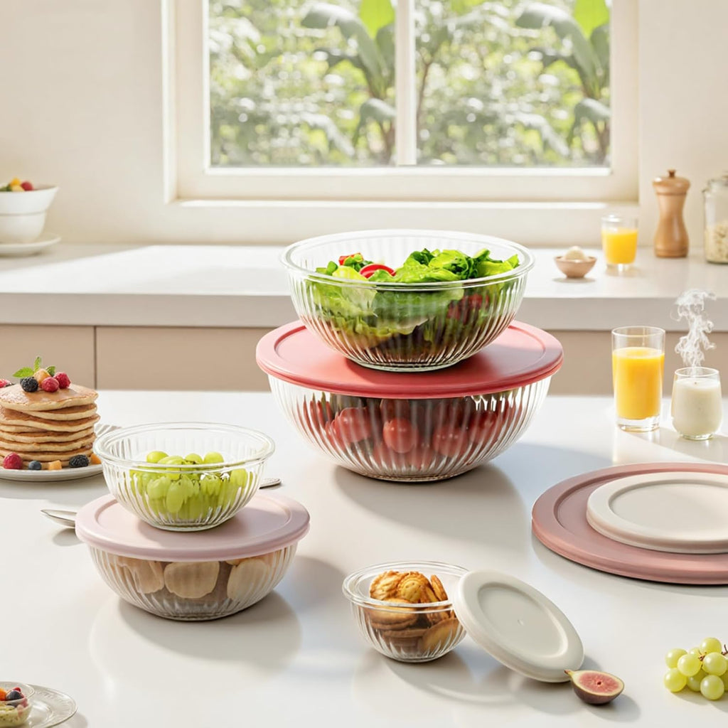 Glass Mixing Bowls with Lids Sets, 5 Packs Glass Bowls with Lids for Kitchen Baking, Meal Prepping and Salad, Bpa