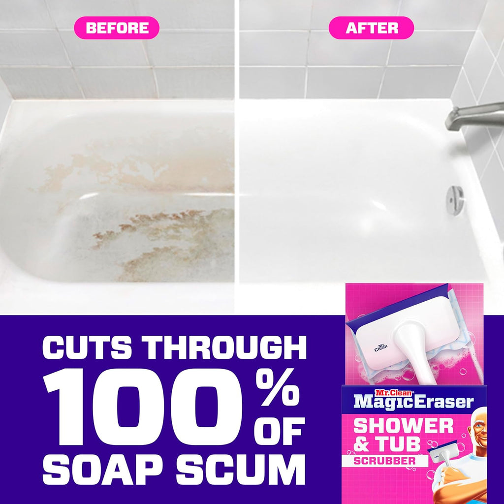 Magic Eraser Shower & Tub Scrubber, Bathroom Cleaner, All in One Bathroom Cleaner, Lemon Starter Kit, 1 Scrubber & 2