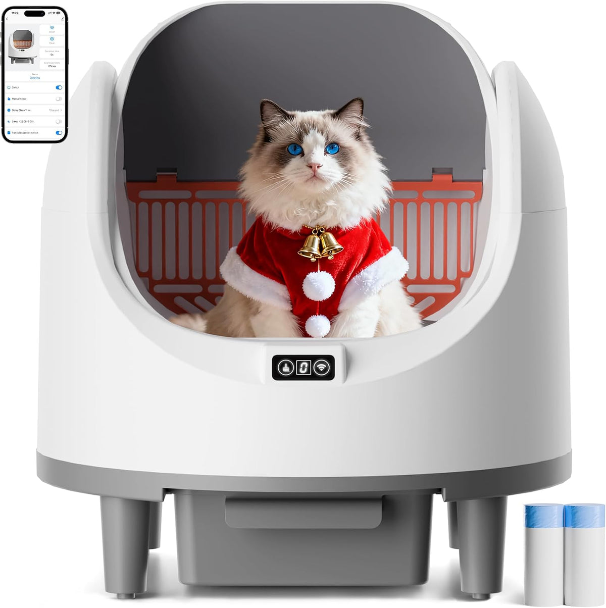 Self Cleaning Litter Box, Large Capacity Automatic Litter Box for Multiple Cats, App Control, Safety Sensors, 2 Rolls