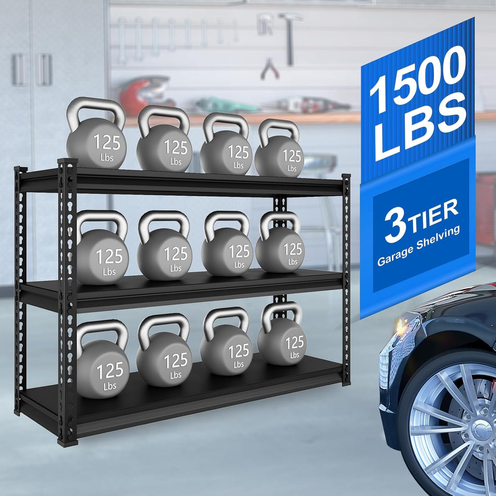 48" W Garage Shelving Heavy Duty, 1500LBS Loads Adjustable Garage Storage Shelves, 3-Tier Metal Shelving Units and
