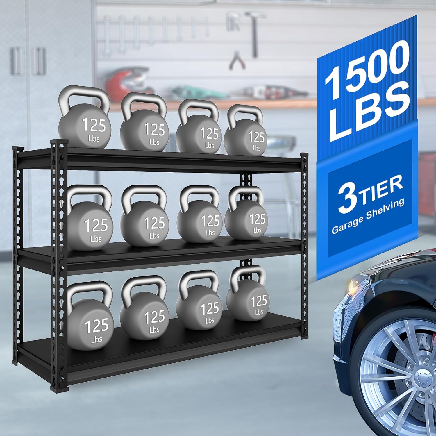 48" W Garage Shelving Heavy Duty, 1500LBS Loads Adjustable Garage Storage Shelves, 3-Tier Metal Shelving Units and