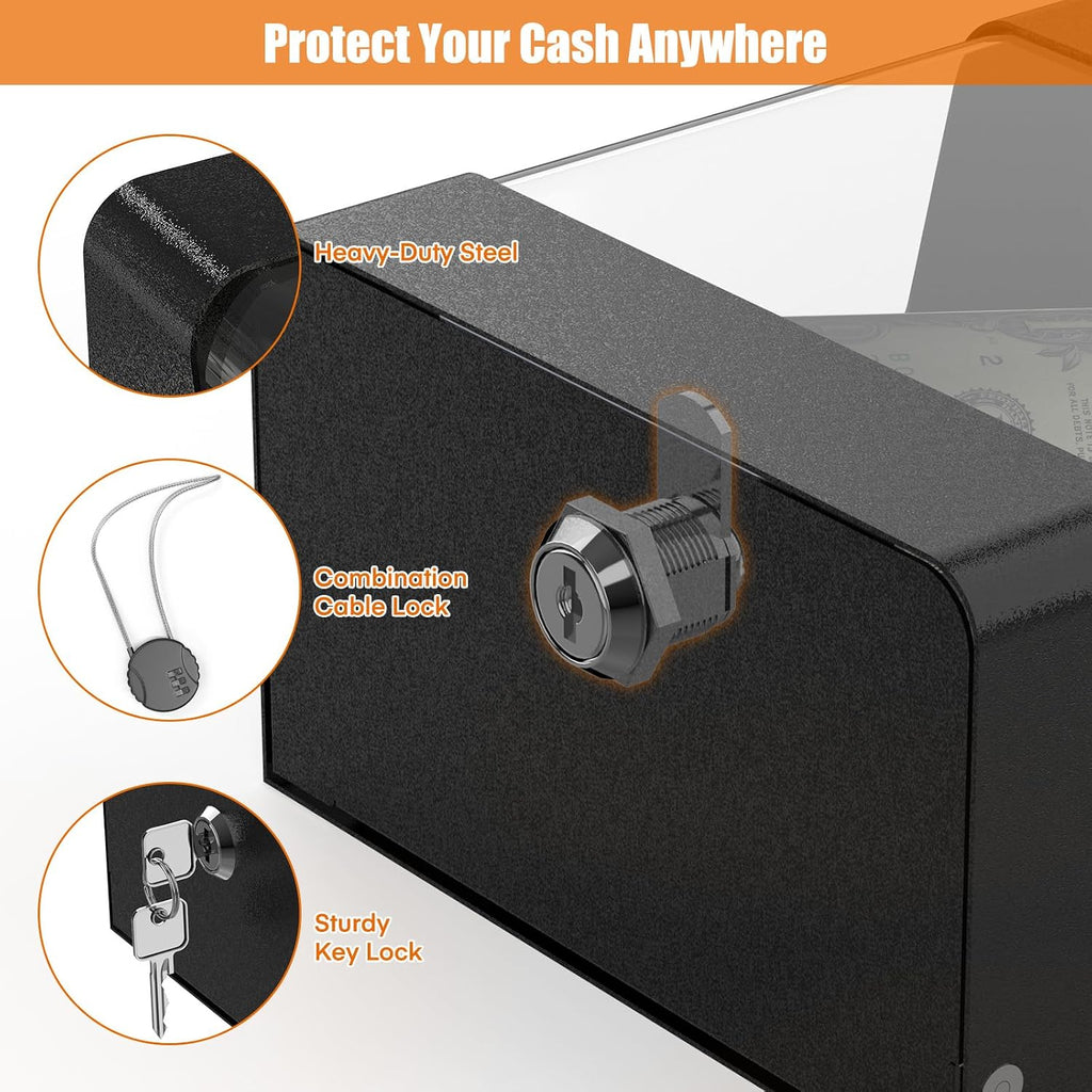 Steel Locking Tip Box - Heavy Duty Secure Tip Jar with Combination Cable Lock - Use for Collecting Donation