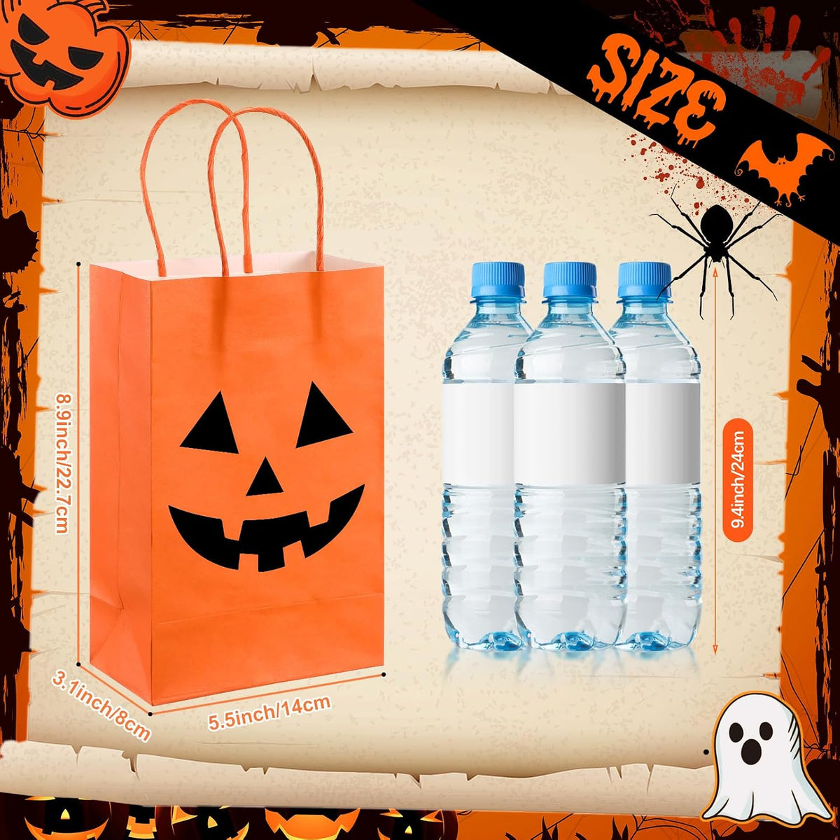 50 Pcs Halloween Pumpkin Gift Bags Kraft Paper with Handles