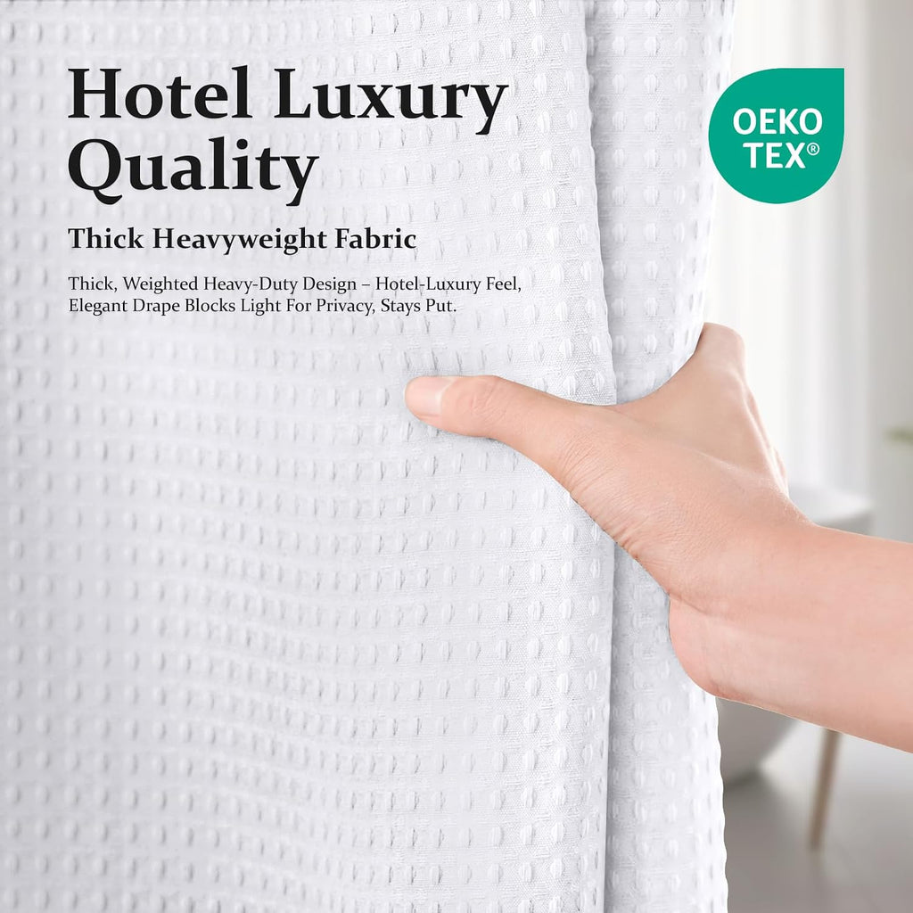 Waffle Shower Curtain 256 GSM Heavy Duty Fabric 72"x72" White | Thick Polyester Cloth, Weighted Hem, Water Repellent