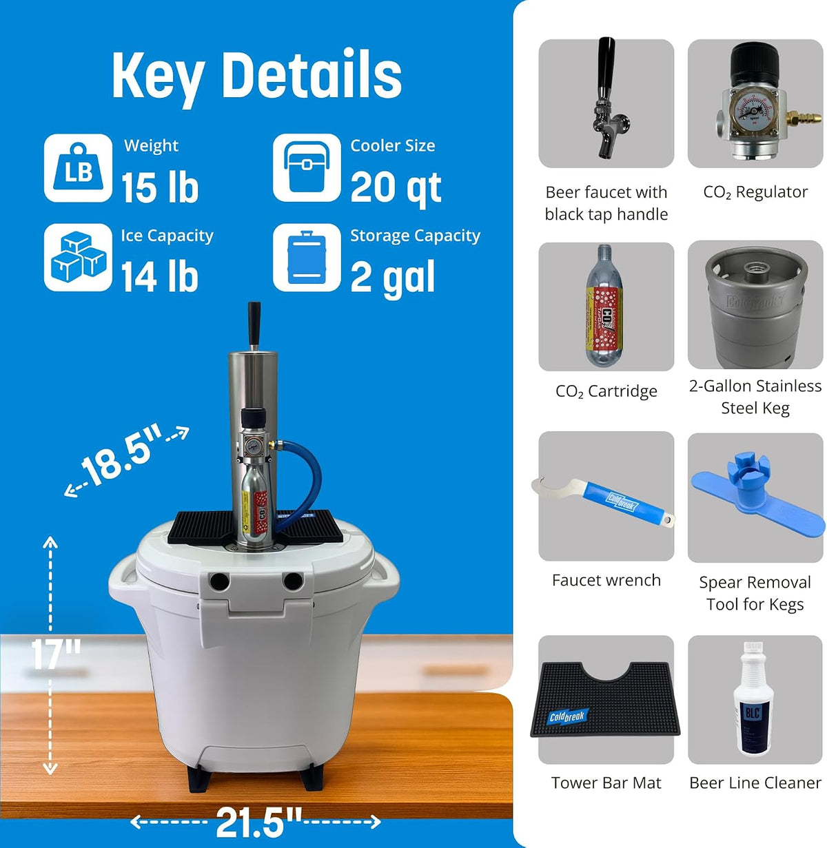 ColdOne Non-Electric Portable Kegerator, 2 Gallon Refillable Keg for Craft Beverages, CO2 Regulator with Stainless