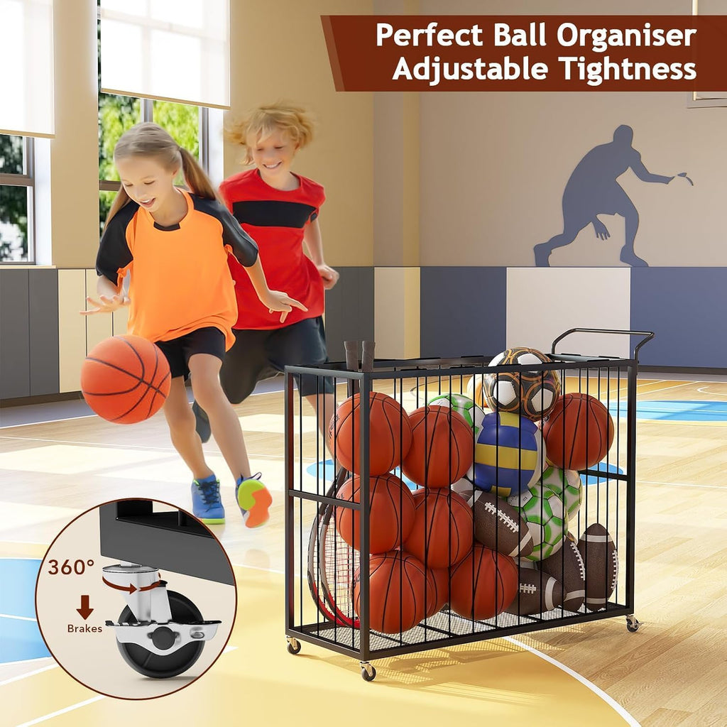 Ball Storage Bin Rolling Sports Ball Cart, Metal Garage Organizer Sport Rack, Ball Basket Storage, Ball Cage for
