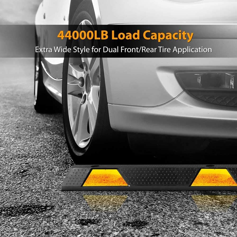 Heavy Duty Wheel Stop Garage Parking Aid for Cars & Trucks - Rubber Parking Curb with Reflective Safety Strips