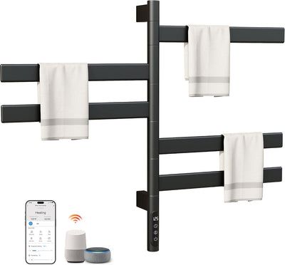 Smart Rotating Heated Towel Rack, 5-Bar Wall-Mounted, Black | Electric Towel Warmer for Bathroom, Swivel Bars, Wi-Fi