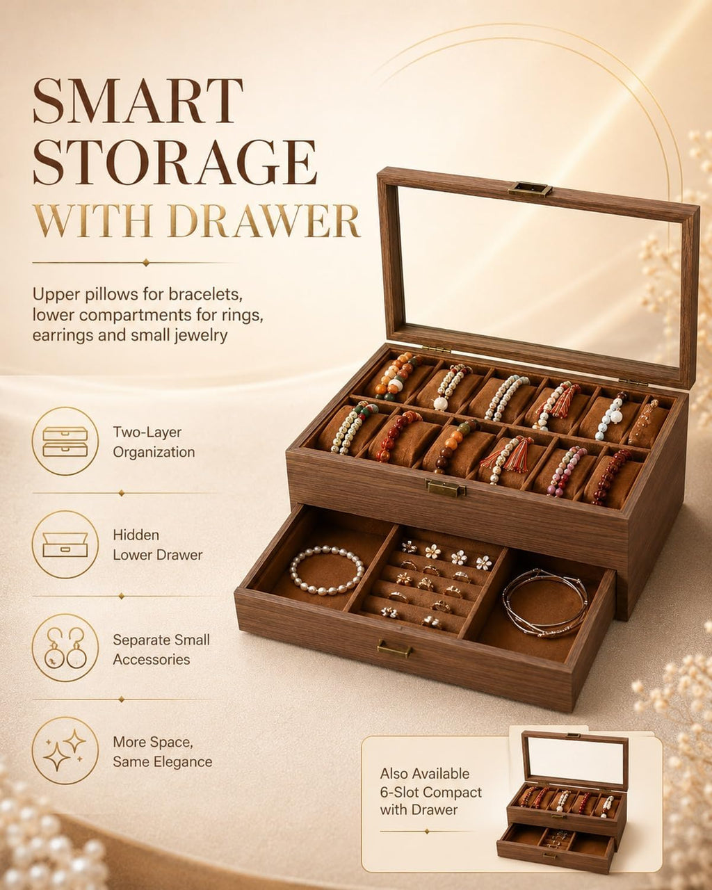 Bracelet Holder Display Wooden Jewelry Organizer Box Lid Bangles Watches | Bangle Storage Case with Velvet Cushions