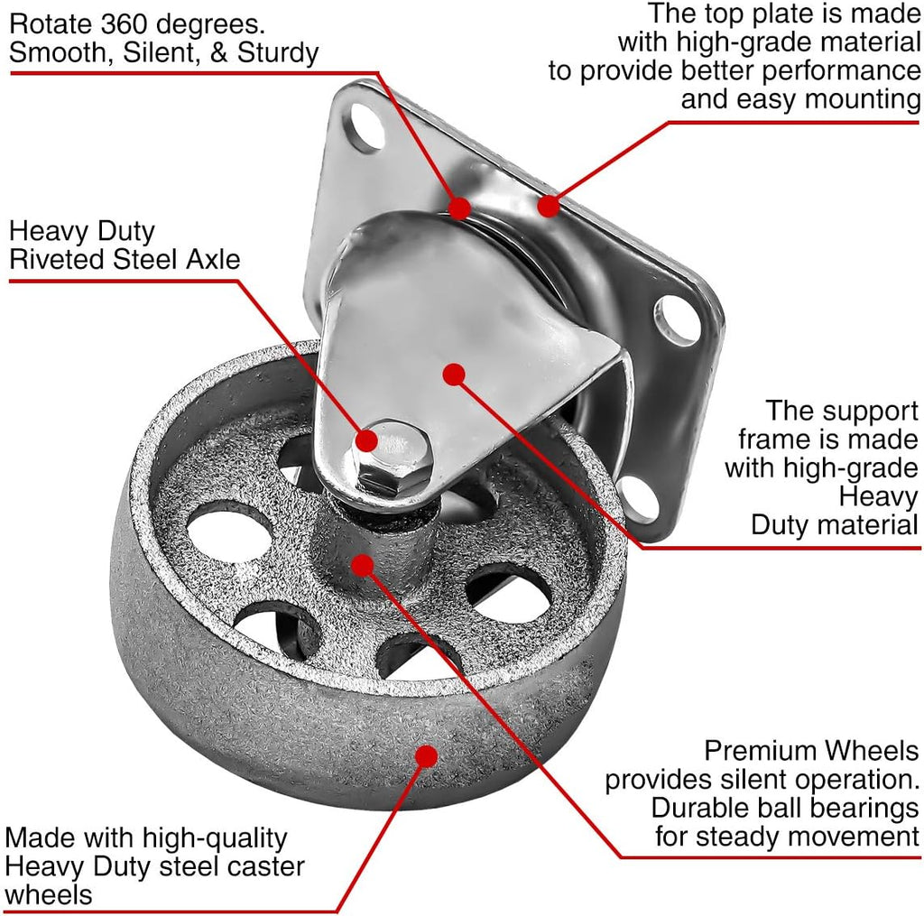 4 All Steel Swivel Plate Caster Wheels w Brake Lock Heavy Duty High-Gauge Steel Gray (3" Combo)