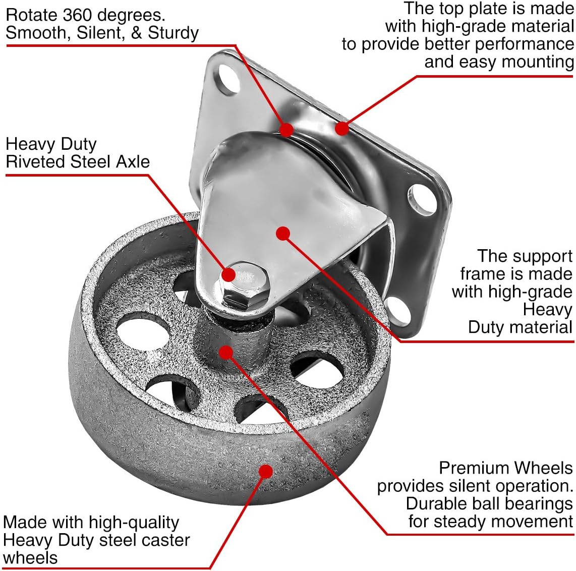 4 All Steel Swivel Plate Caster Wheels w Brake Lock Heavy Duty High-Gauge Steel Gray (3" Combo)