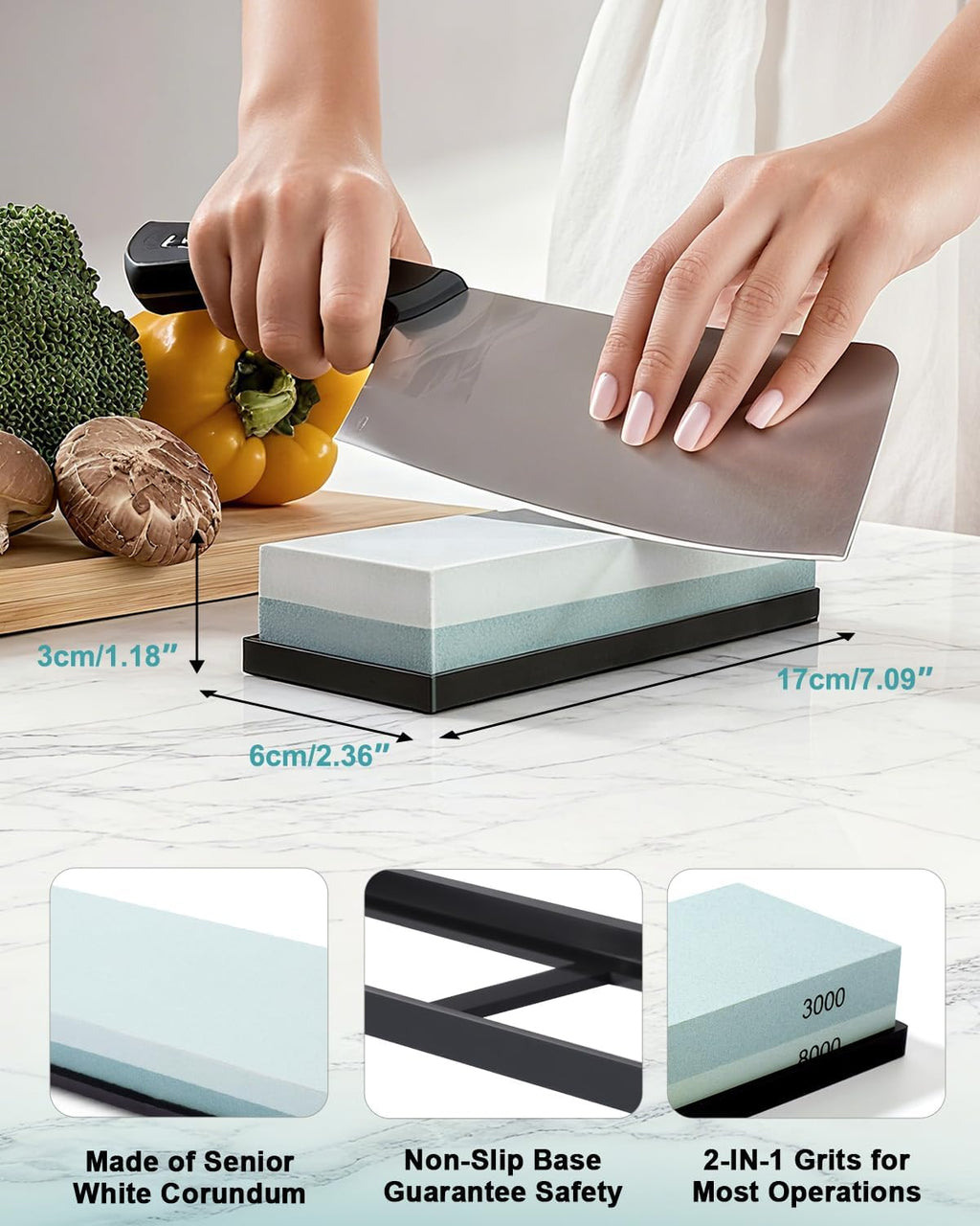 Knife Sharpening Stone 2 Side Grit 3000/8000 Whetstone knife Sharpener Stone with Non-Slip Rubber Base, Kitchen