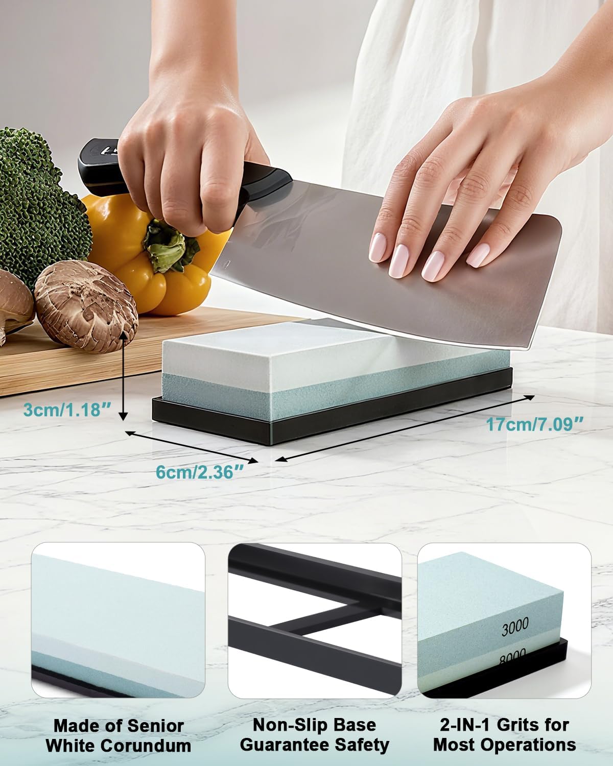 Knife Sharpening Stone 2 Side Grit 3000/8000 Whetstone knife Sharpener Stone with Non-Slip Rubber Base, Kitchen