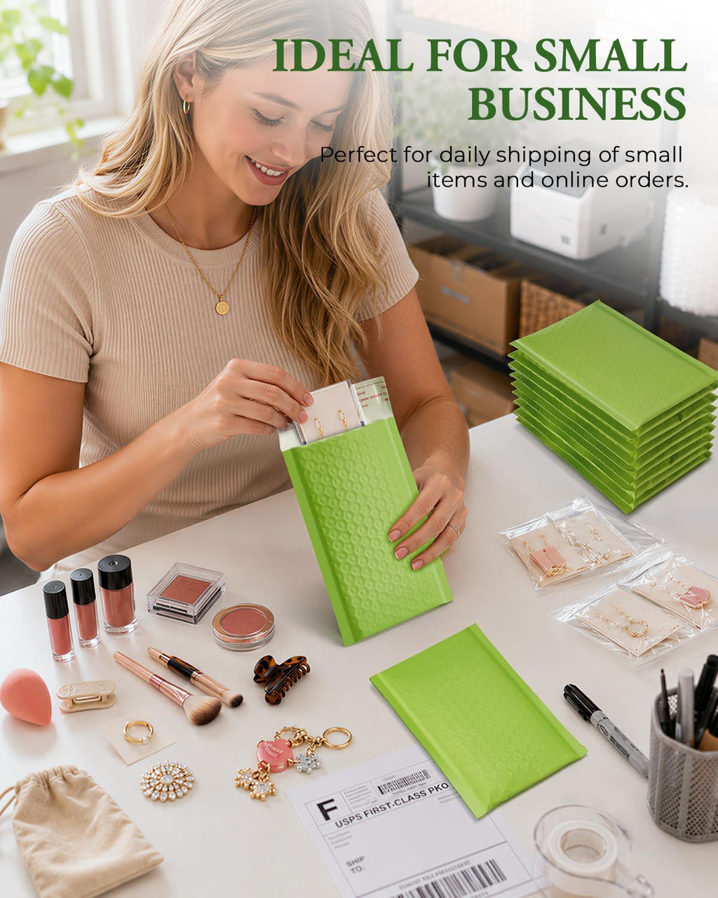 Green Bubble Mailers 4x8 100 Pack, Self Seal Padded Envelopes