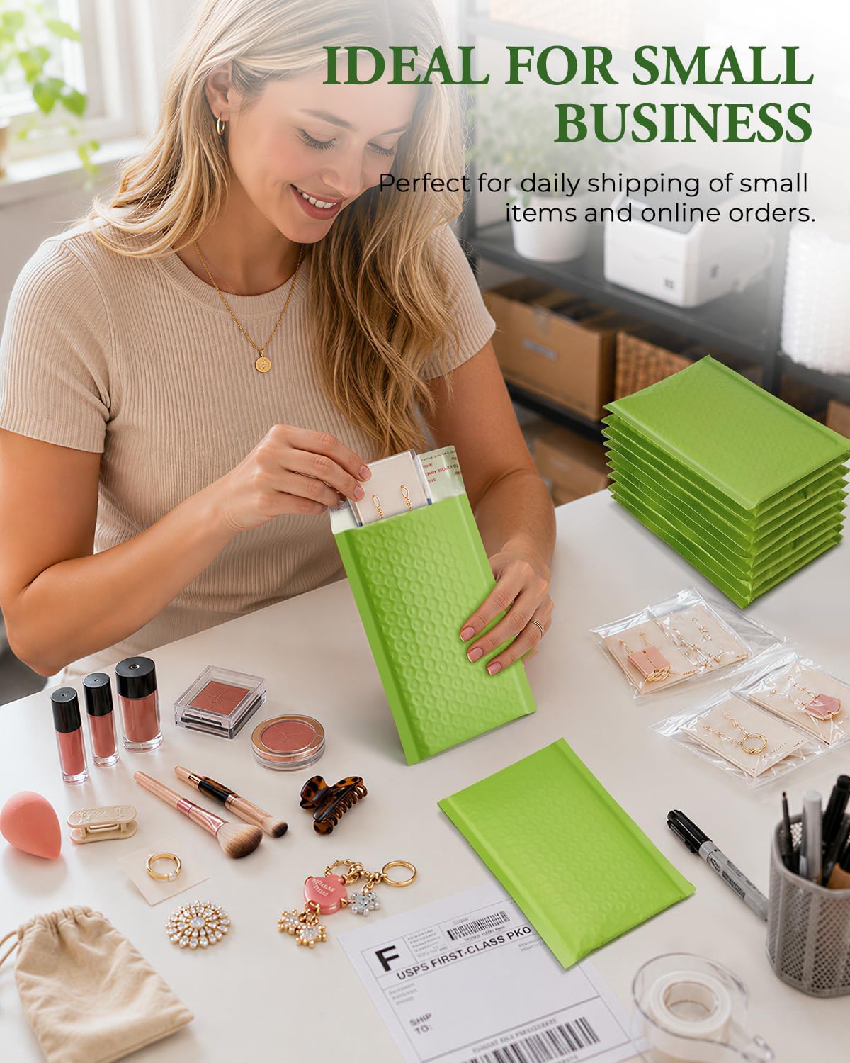 Green Bubble Mailers 4x8 100 Pack, Self Seal Padded Envelopes