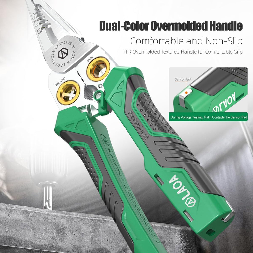 Wire Stripper Tool with Voltage Tester, 8-in-1 Electrician Pliers with Wire Cutter, Cable Splitter, Wire Puller and