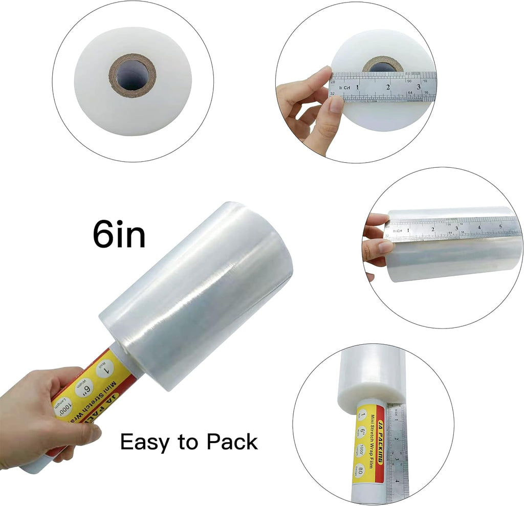 Stretch Wrap Clear Plastic Wrap Roll 6 inch X 1000Ft 80 Guage Industrial Mini Stretch Wrap Film with Handle for