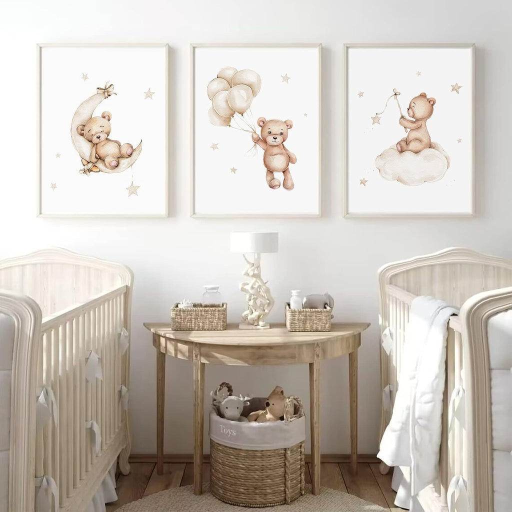 Bear Nursery Wall Art Decor Set of 3 Teddy Bear Canvas Wall Art Baby Boy Nursery Decor Prints Neutral Pictures Moon