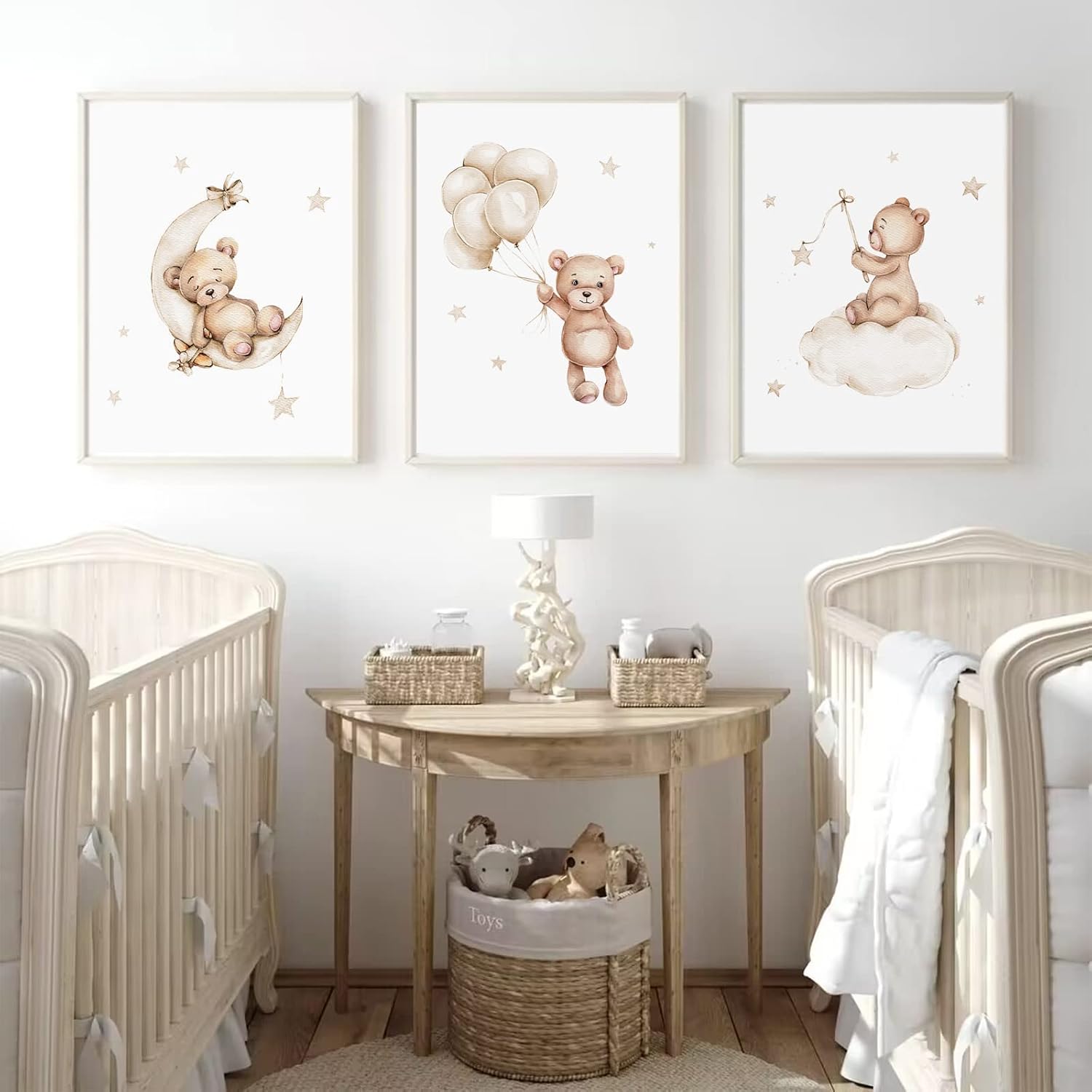 Bear Nursery Wall Art Decor Set of 3 Teddy Bear Canvas Wall Art Baby Boy Nursery Decor Prints Neutral Pictures Moon