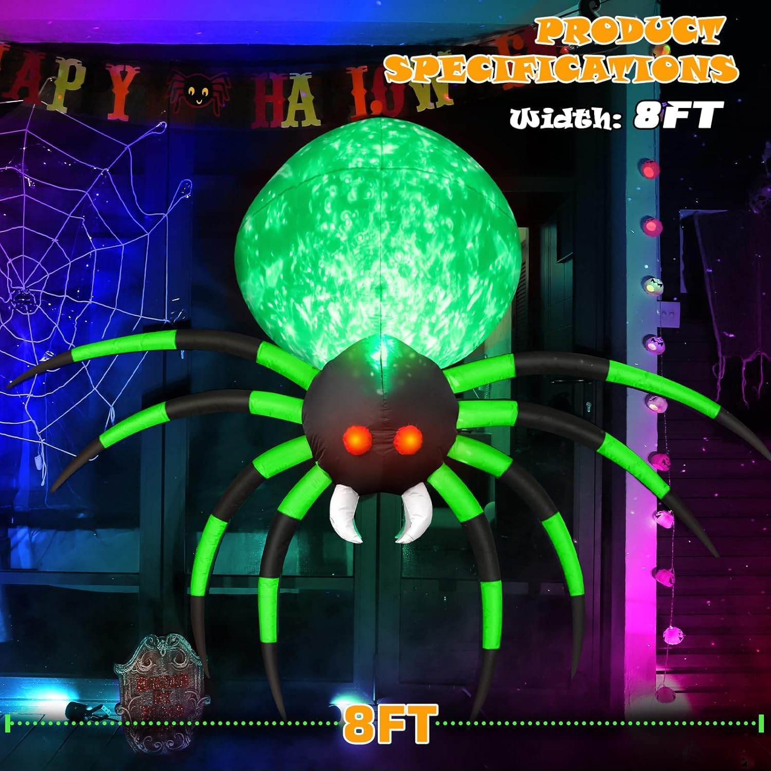 8 FT Halloween Inflatables Spider Outdoor Decorations for Yard, Giant Blow up Green Spider with Rotating Fire Flame