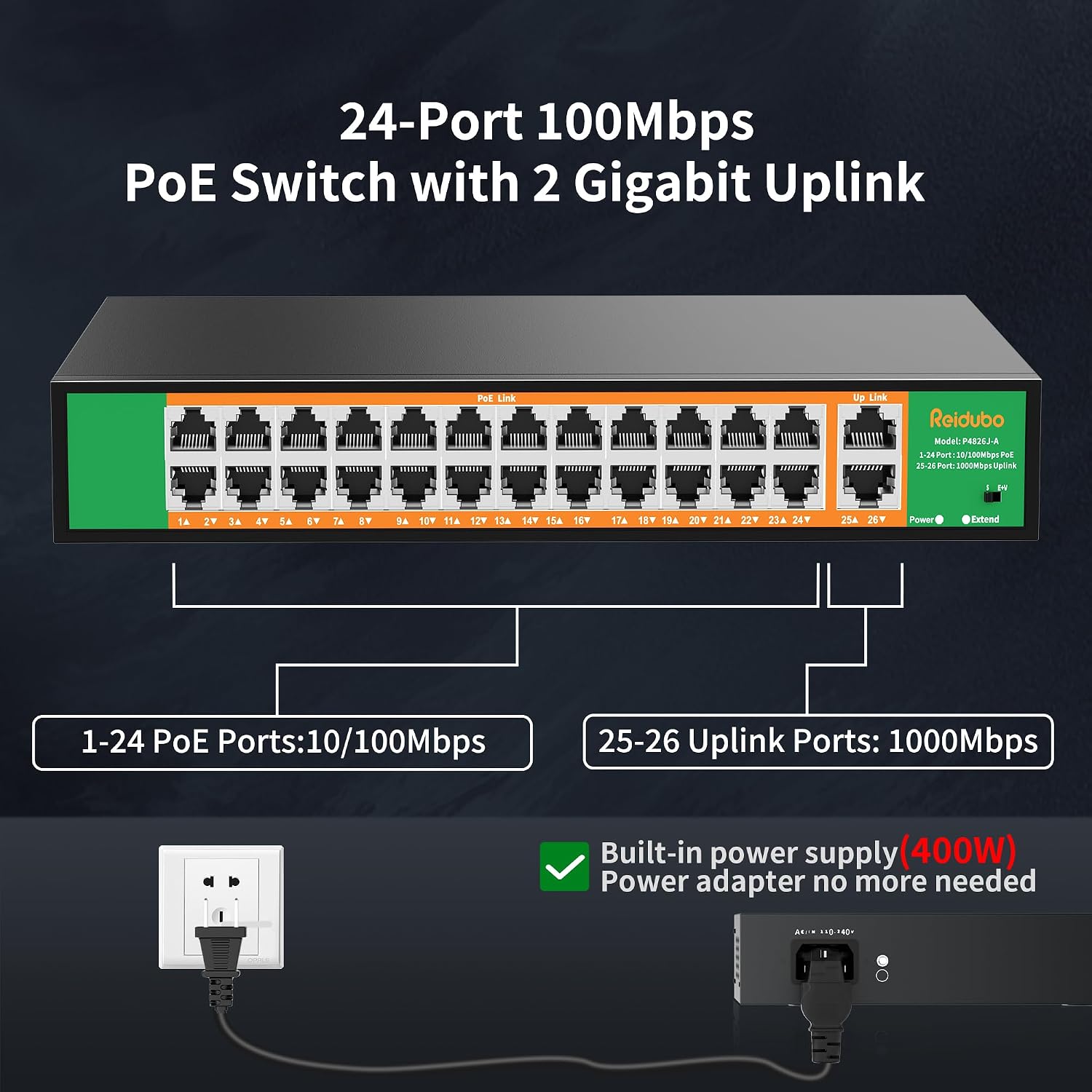 24 Port PoE Switch with 2 Gigabit Ethernet Uplink Port, Support IEEE802.3af/at, 400W High Power, Fanless, Plug and