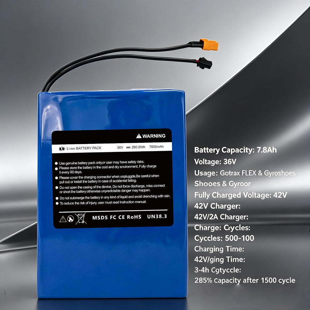 36V 7800mAh Battery Replacement for Gotrax Flex & Gyroor, 280Wh High-Performance Lithium Battery Pack with XT60/SM Connector