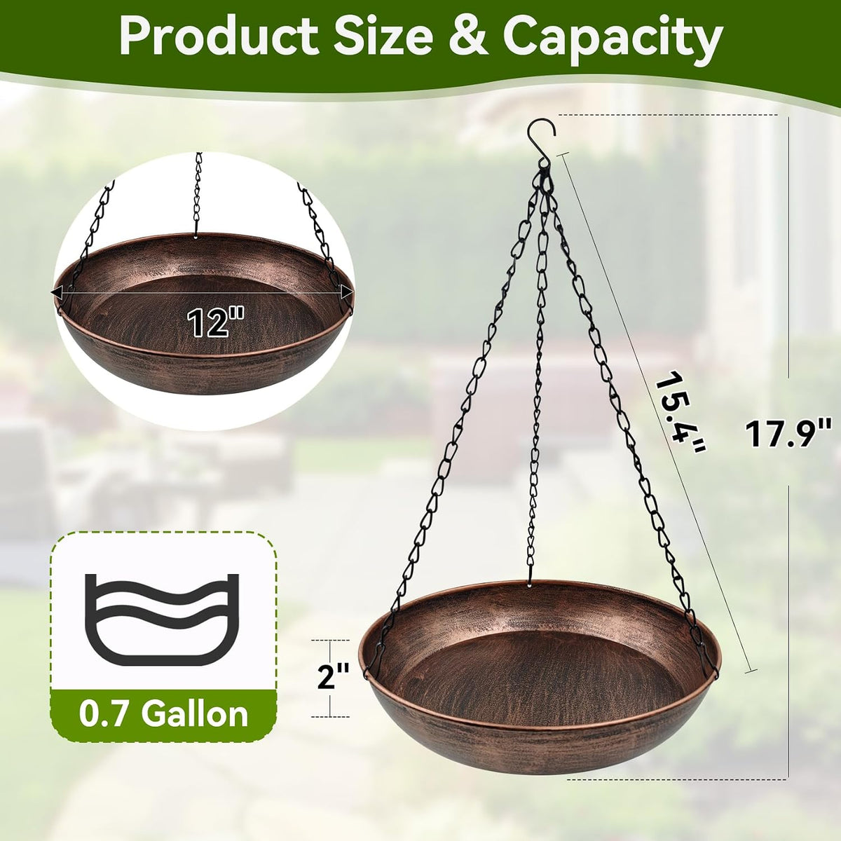 12" Metal Hanging Bird Bath with Chains and Hook