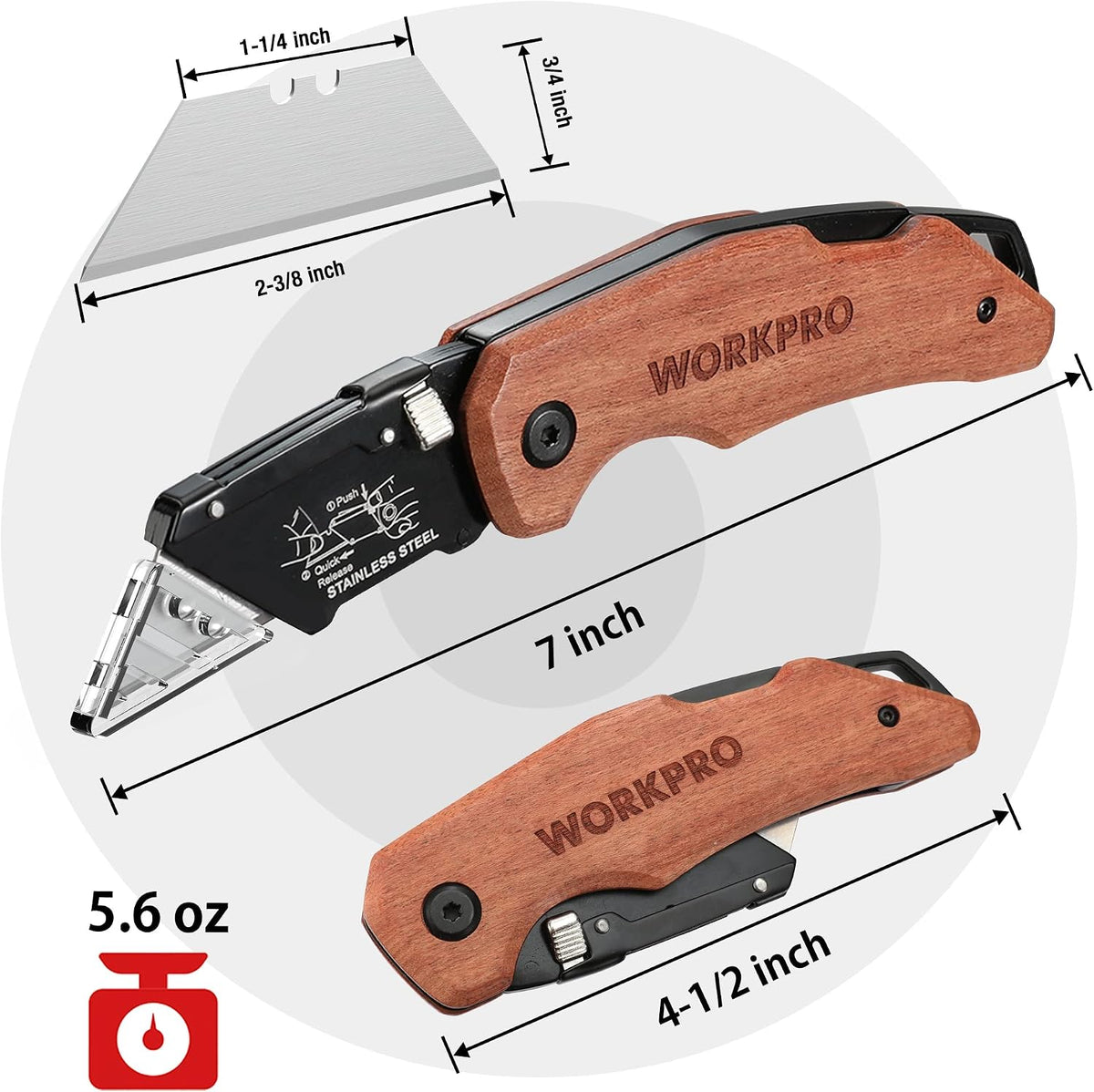 Folding Utility Knife with Stainless Steel Head, Quick-change Blade & Back Lock, Wood Handle Heavy Duty Box Cutter