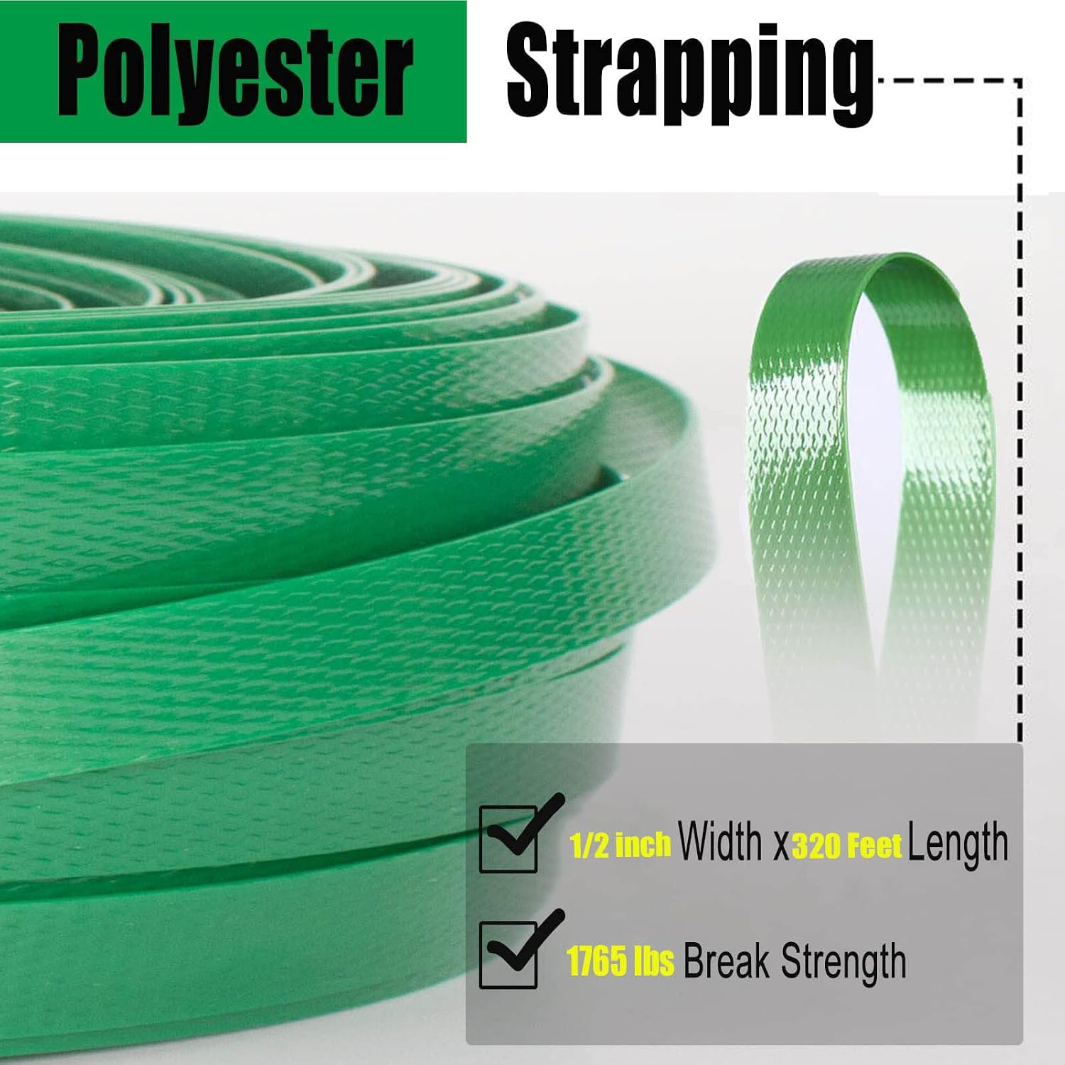 Packaging 1/2" x 320’ Polyester (PET) Strapping, 1765 lbs Break Strength | Affordable and Lightweight Poly Strapping