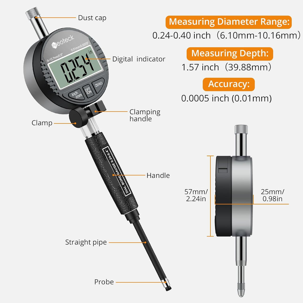 Neoteck Digital Dial Bore Gauge, 0.24-0.4" Internal Cylinder Measuring Tool
