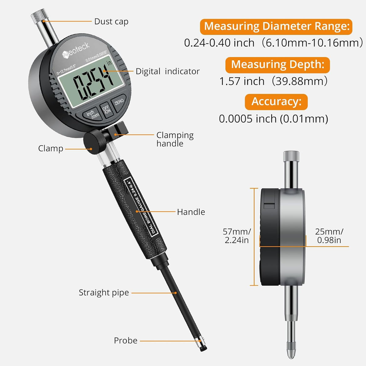 Neoteck Digital Dial Bore Gauge, 0.24-0.4" Internal Cylinder Measuring Tool