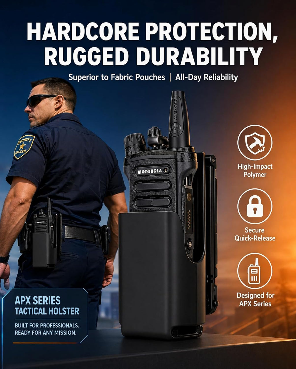 Hard-Shell Radio Holster Compatible with Motorola APX 6000/8000 | Extended Battery Holder for Duty Belts and