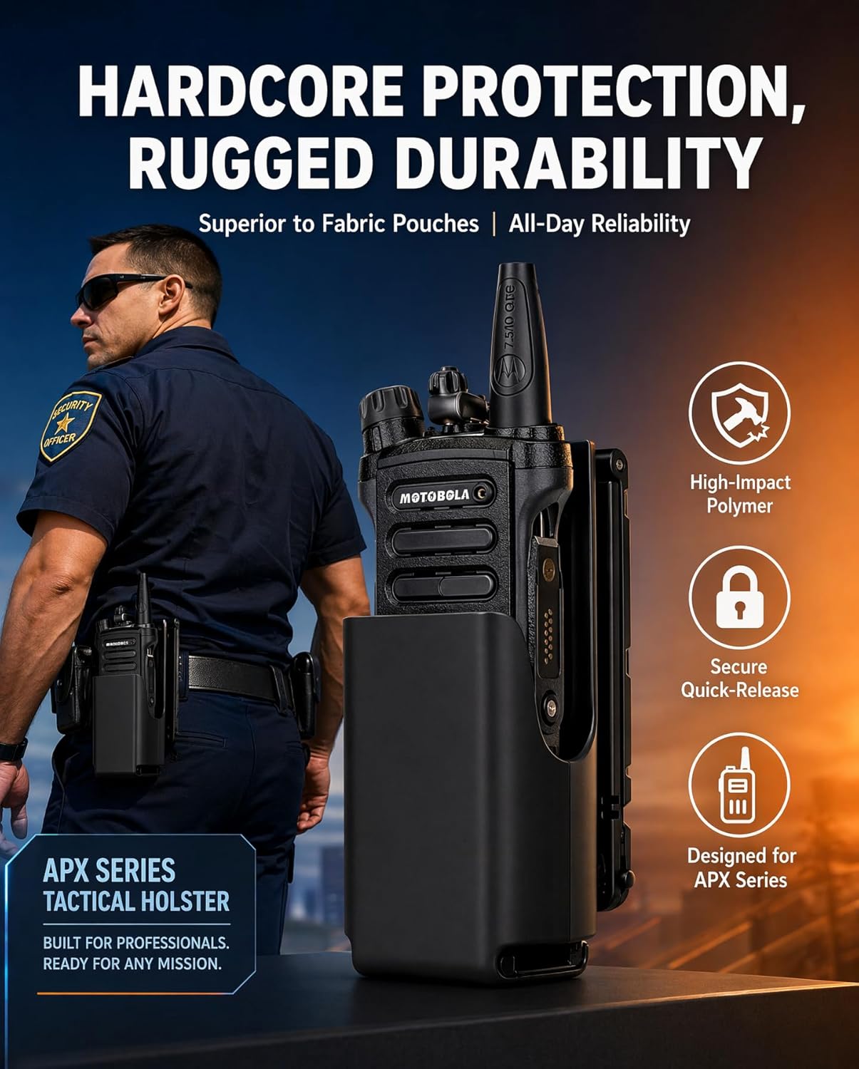 Hard-Shell Radio Holster Compatible with Motorola APX 6000/8000 | Extended Battery Holder for Duty Belts and