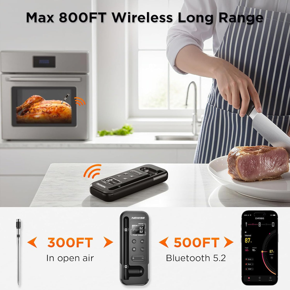 Bluetooth Meat Thermometer with Smart APP, 800FT Wireless Range
