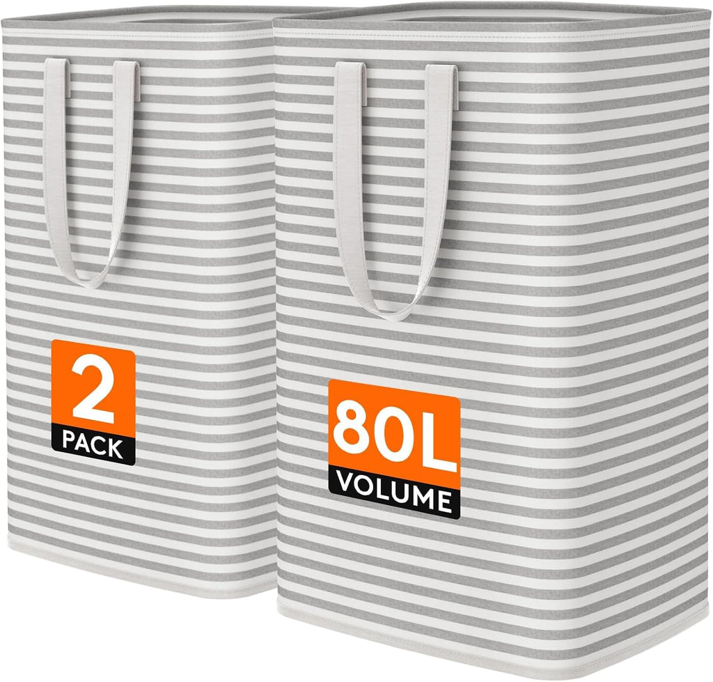 2 Pack Laundry Basket 80L Each, Collapsible Clothes Hamper with Reinforced Handles, Freestanding Waterproof Design