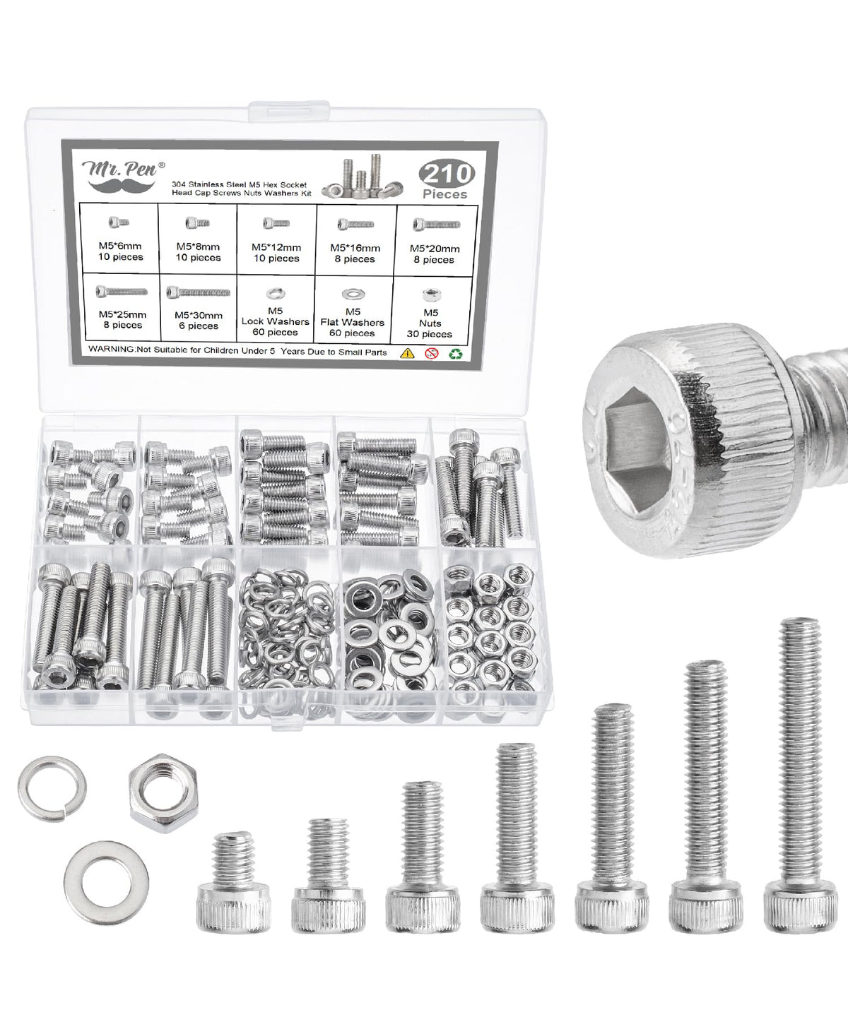 Nuts and Bolts Assortment Kit, 210 pcs, Stainless Steel