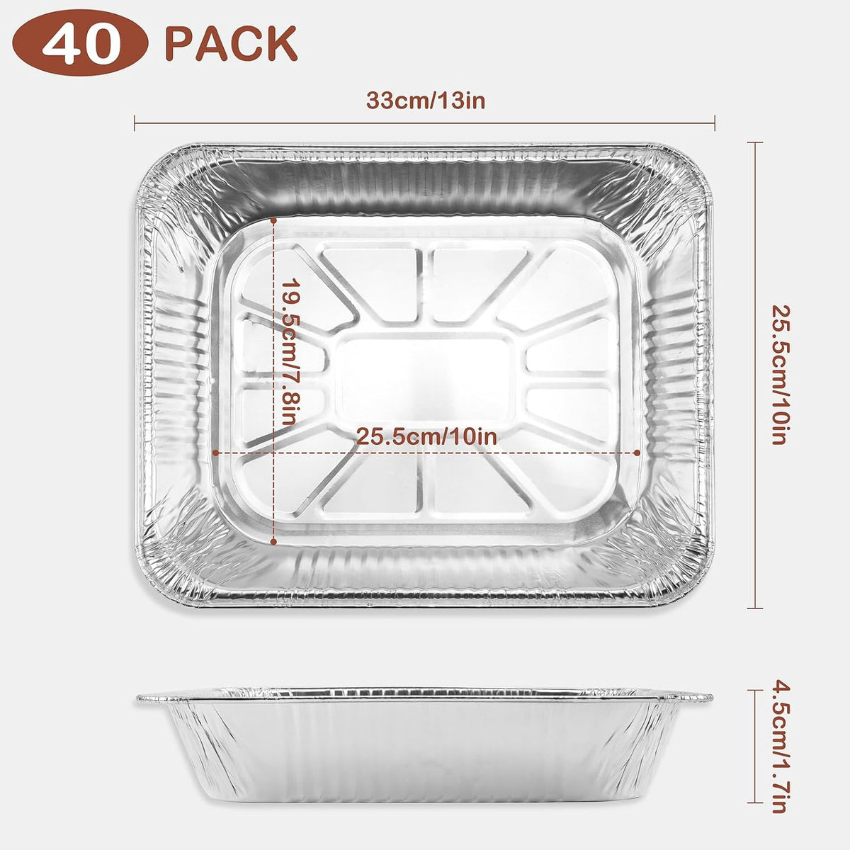 9x13 Aluminum Foil Pans, 40-Pack Half Size Disposable Aluminum Foil Trays, Shallow Steam Table Pans for Cooking