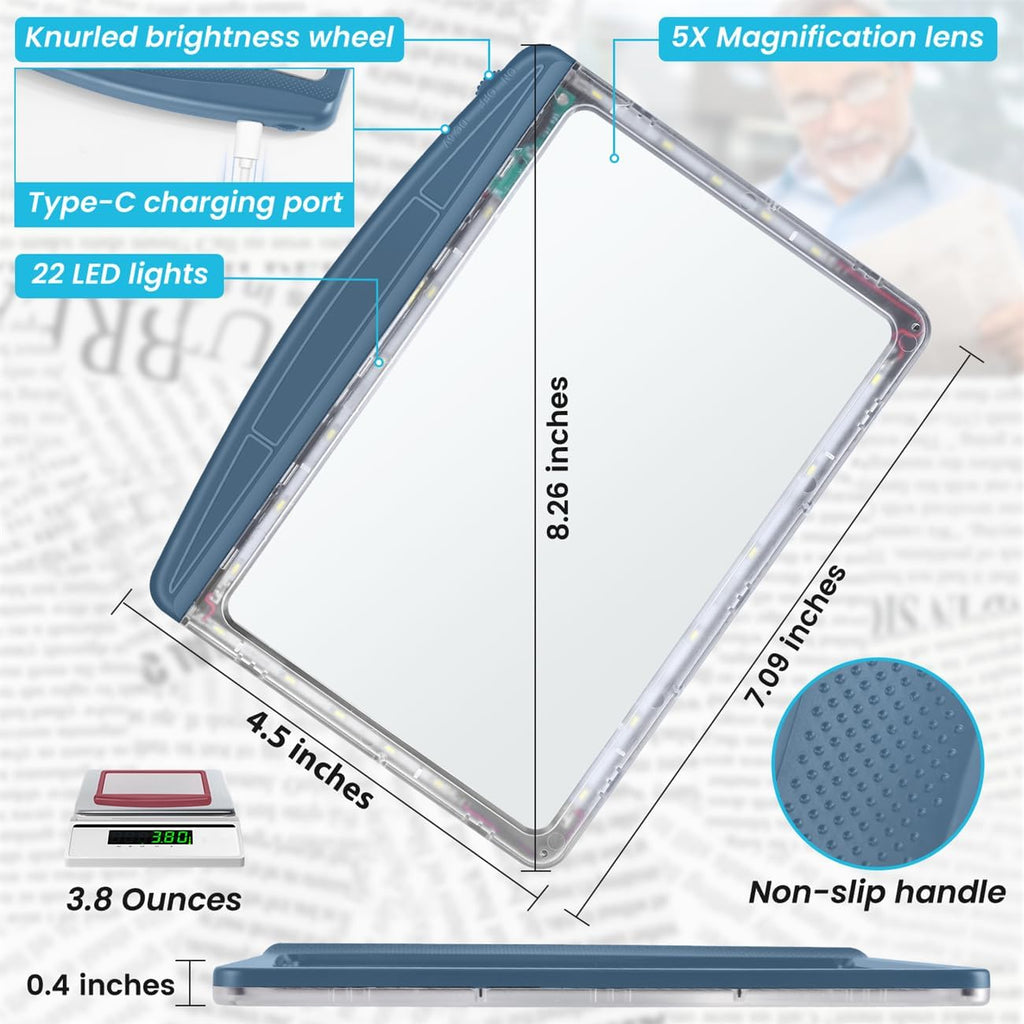 Rechargeable 5X Magnifying Glass for Reading, Large Bright Full Page Magnifier with Light, Handheld LED Dimmable