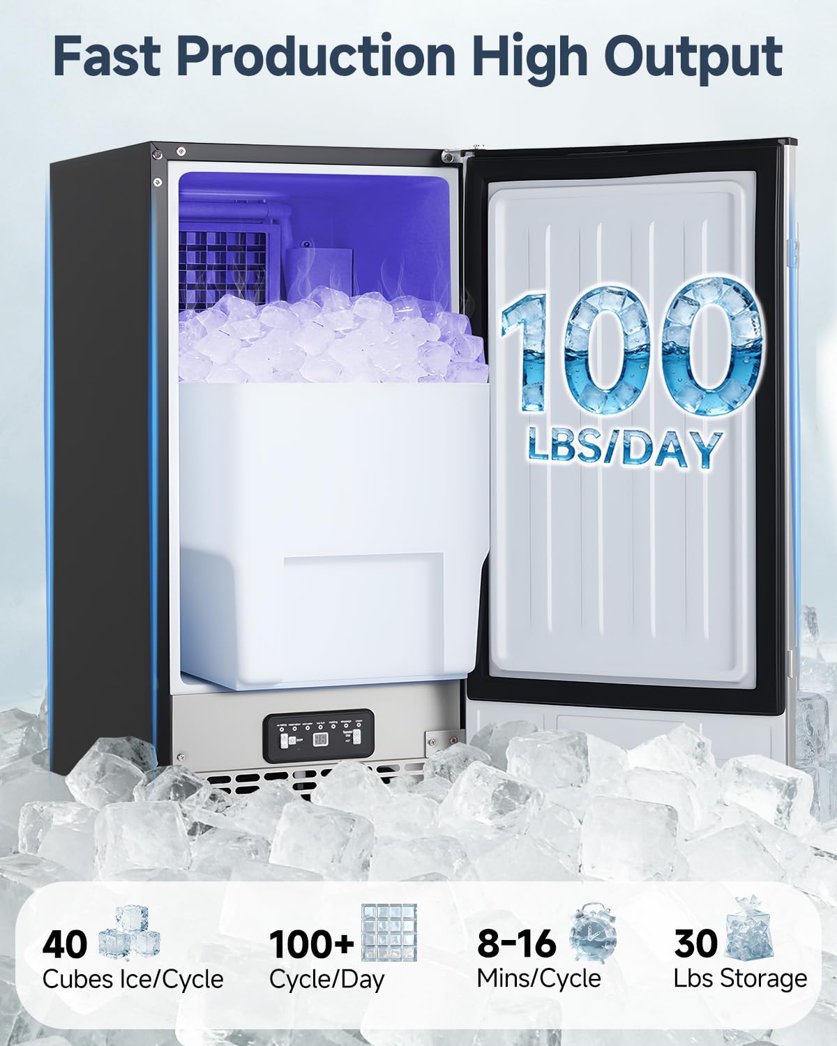 Commercial Undercounter Ice Maker, 100lbs/24H with 30lbs Storage Bin