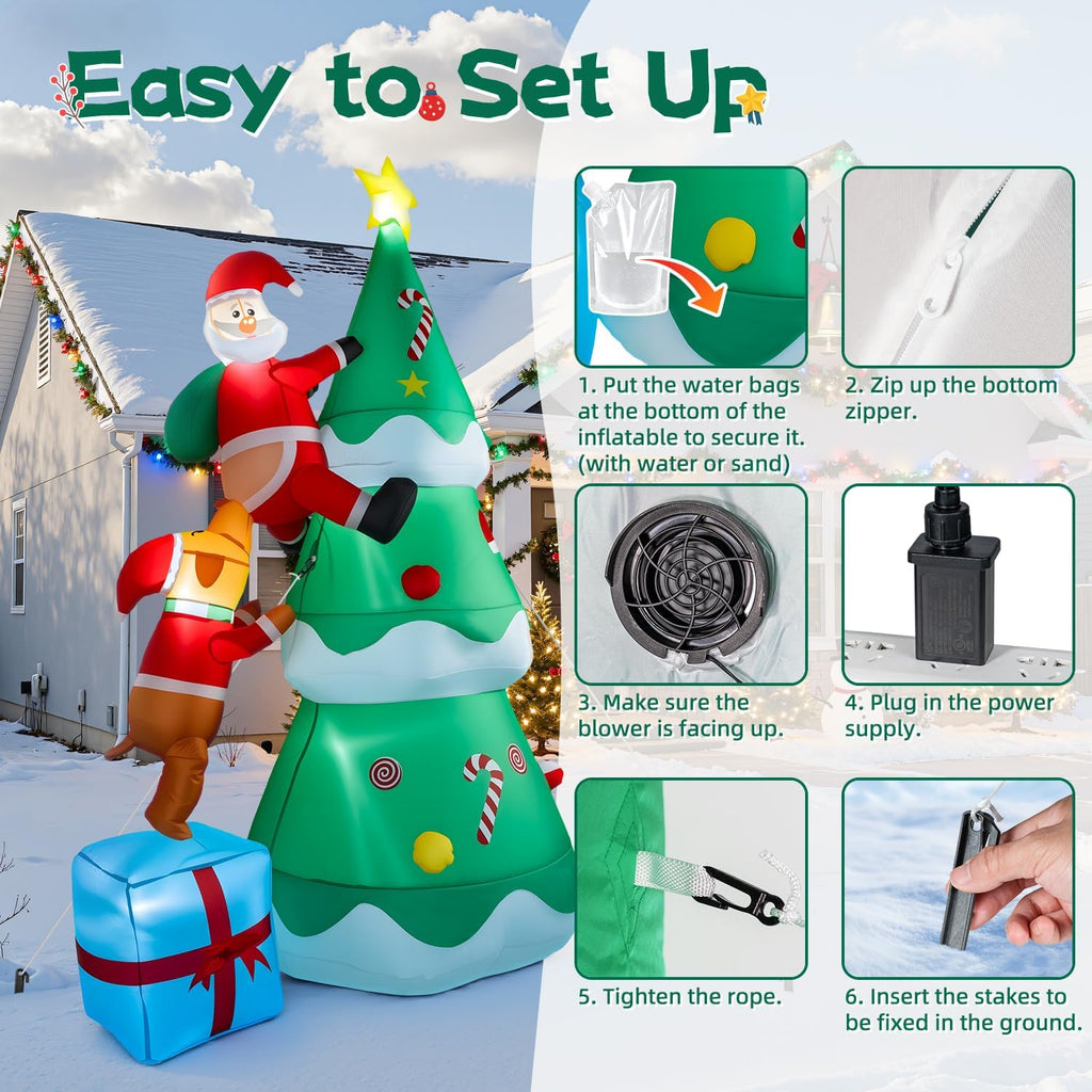 7 FT Inflatable Christmas Tree Built-in Bright LED Lights, Dog Bites Santa Claus Funny Xmas Decor, Blow UP Outdoor