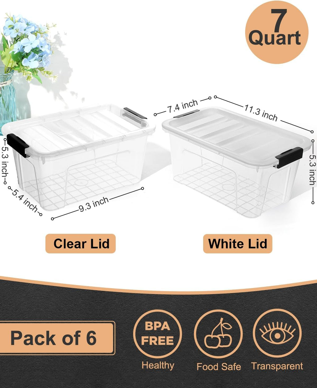 Plastic Storage Bins with Lids 6 Pack, 7 Quart Storage Containers With Black Buckle Latch, Stackable Storage
