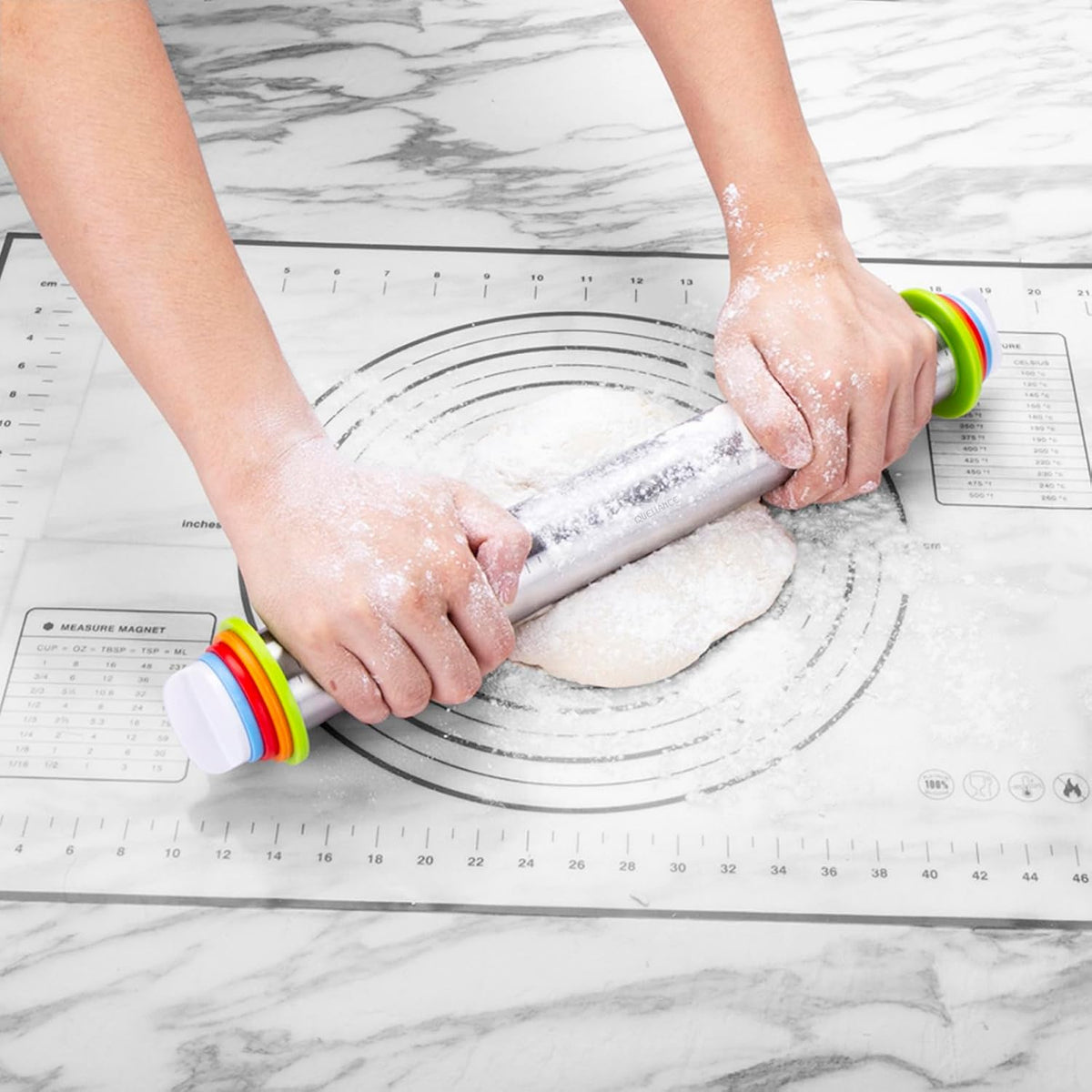 Rolling Pins, Stainless Steel Dough Roller, Rolling Pin and Silicone Baking Pastry Mat Set, Adjustable Rolling Pin