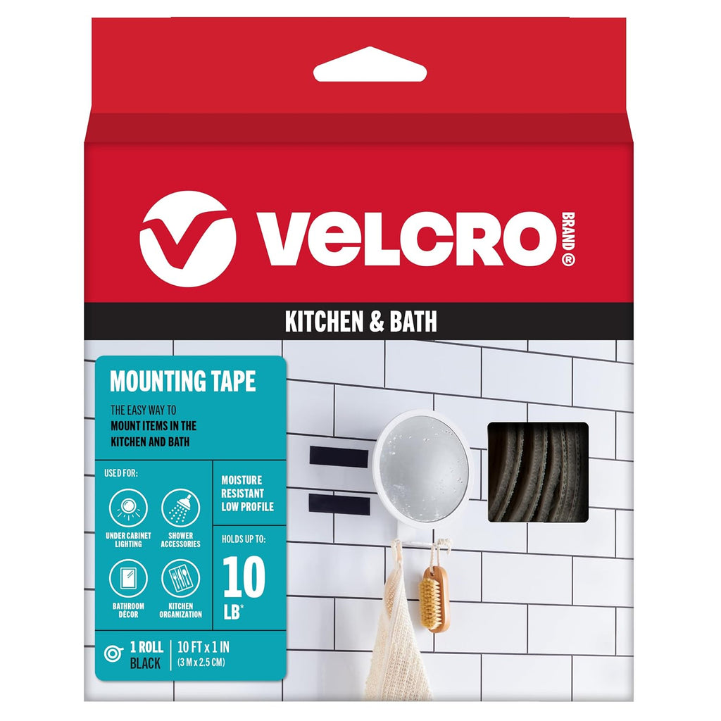 Kitchen and Bath Mounting Tape. Moisture Resistant Thin Design for Flush Mount. 10ft Heavy Duty Roll Holds 10 pounds.