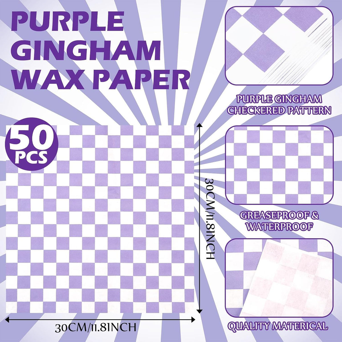 100 Pcs Gingham Paper Food Tray with Wax Paper,Purple White