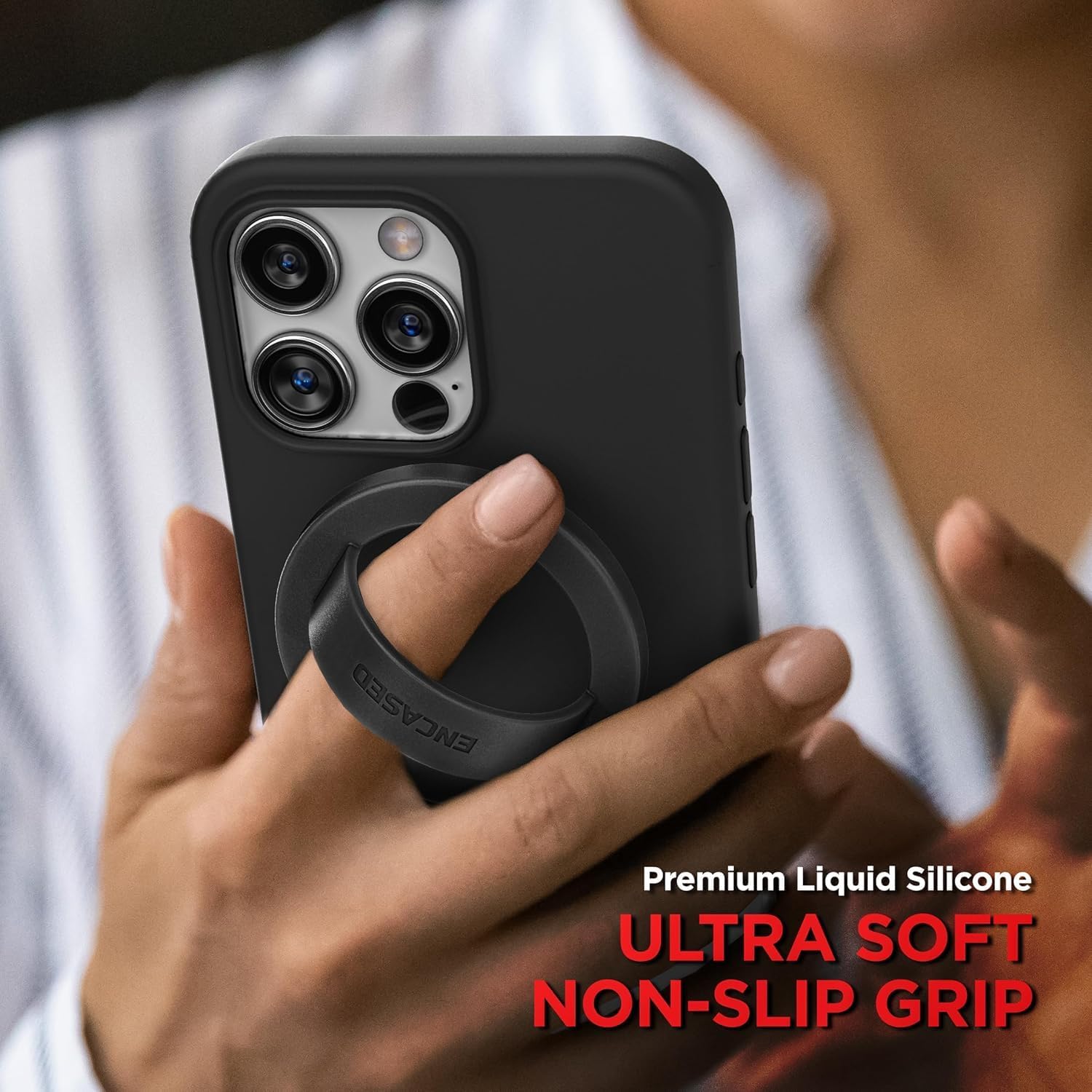 Magnetic Phone Grip Holder Thin Silicone Finger Loop Ring, Compatible with Magsafe (Black)