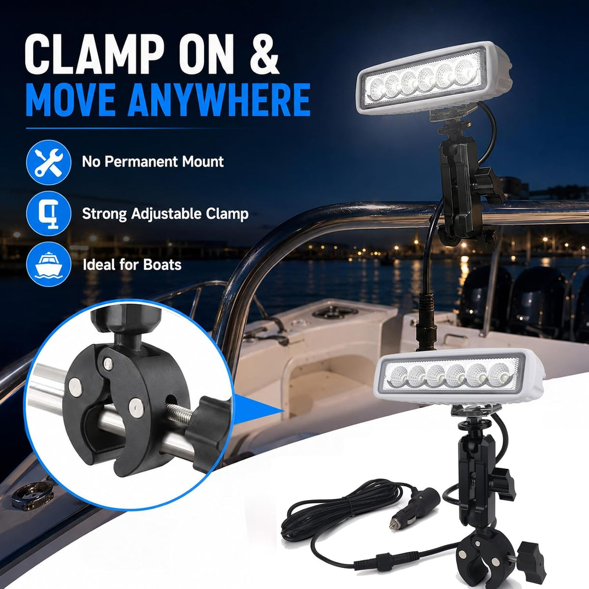 Clamp On LED Boat Spreader Light, 6 Inch 18W Dual Color