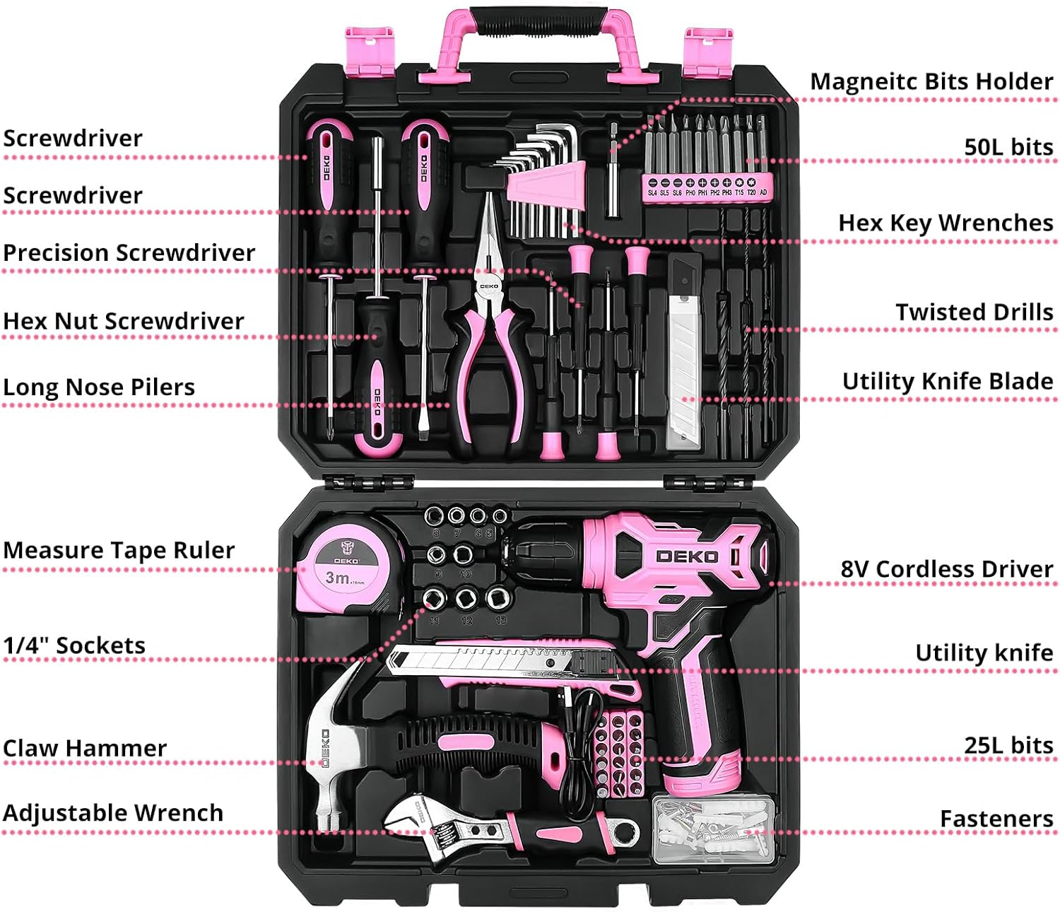Drill Set, Home Tool Set with 8V Pink Cordless Drill, Hand Tool Kit for Women, 126 pcs