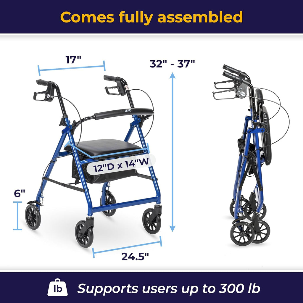Aluminum Rollator Walker - Fold Up - Padded Seat - 6 Inch Wheels - Lightweight Portable Design - Indoor Outdoor